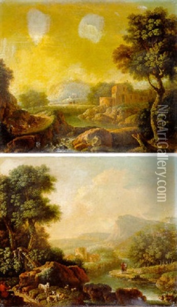 A Landscape With A Ruined Castle Beside A River Oil Painting - Giovanni Battista Cimaroli