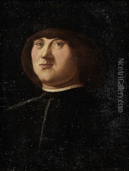 Portrait Of A Gentleman, Bust-length, In A Black Cap With An Elaborate Zazzera Oil Painting - Alvise Vivarini