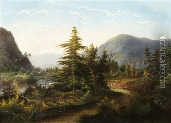 Hudson River Landscape With Mountains Oil Painting - Hermann Fuechsel