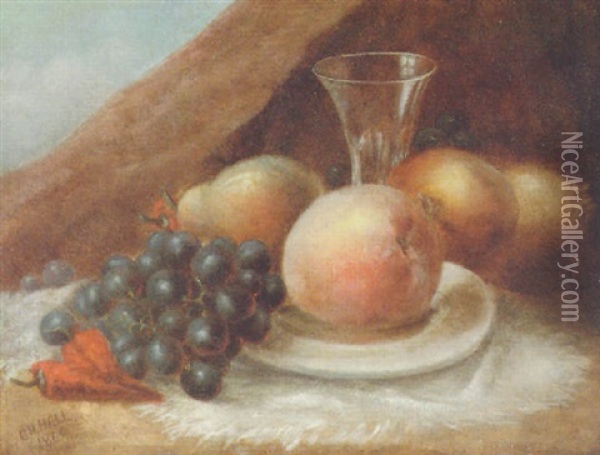 Still Life With Peaches, Grapes And Chili Peppers Oil Painting - George Henry Hall