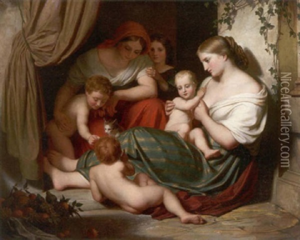 Romische Frauen Mit Ihren Kindern Im Hauseingang Spielend Oil Painting - Adolph Friedrich Georg Wichmann