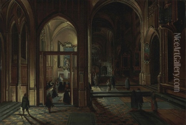 Interior Of A Cathedral At Night With A Priest Celebrating Mass Oil Painting - Hendrick van Steenwyck the Younger