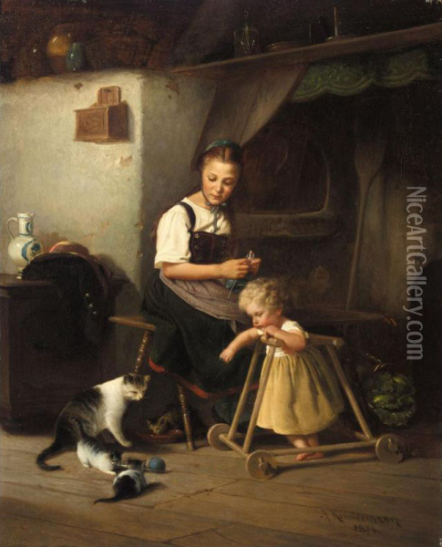 Die Ersten Schritte (first Steps) Oil Painting - Adolph Kindermann