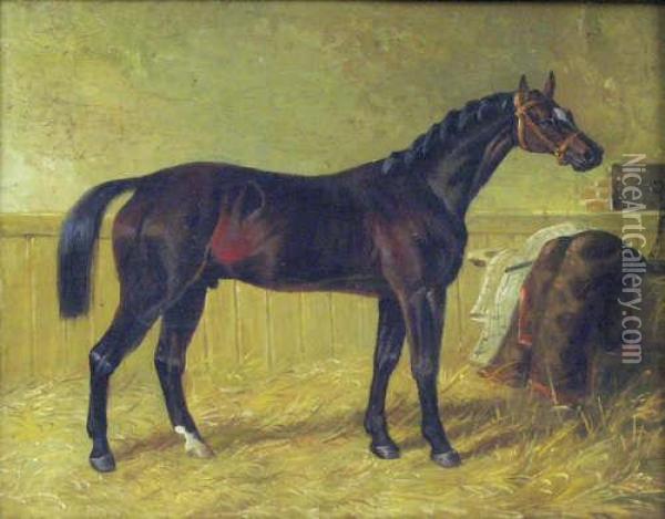 A Bay Hunter In A Stable Oil Painting - John Frederick Herring Snr