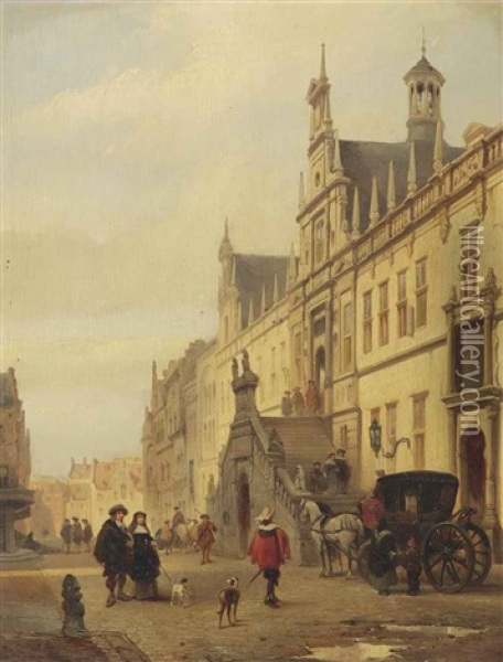 View Of The Breestraat In Leiden With Figures Before The City Hall Oil Painting - Johannes Bosboom