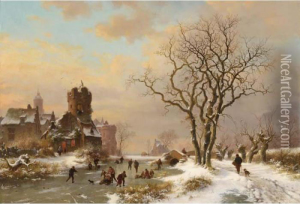 A Winter Landcape With Ice Amusements Near A City Oil Painting - Frederik Marianus Kruseman