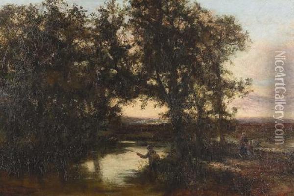 Morgenstimmung Mit Angler In Flusslandschaft. Oil Painting - Jules Dupre