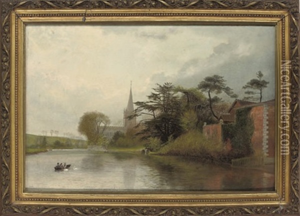Stratford-on-avon Church From The Riverside Oil Painting - James Thomas Watts