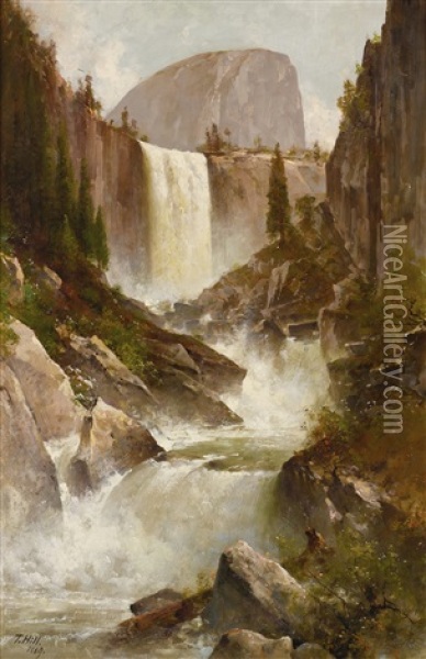 Vernal Falls, Half Dome, Yosemite Oil Painting - Thomas Hill