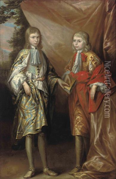 Portrait Of Two Boys, Full-length, One Holding A Book, In Agarden Oil Painting - Robert Byng
