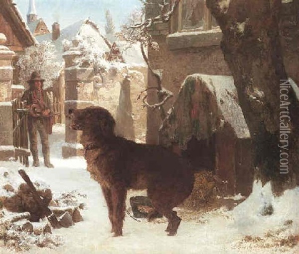 Das Hundekonzert. Musikant Mit Drehleier In Winterlicher Dorflandschaft Oil Painting - Ernst Bosch