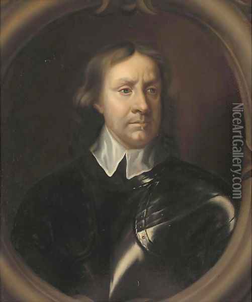Portrait of Oliver Cromwell (1599-1658), bust-length, in breast-plate and a white collar, in a sculpted cartouche Oil Painting - Samuel Cooper