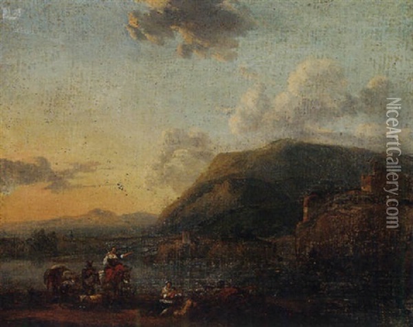 A Mountain Landscape With Figures And Donkeys At A River Oil Painting - Jan Asselijn