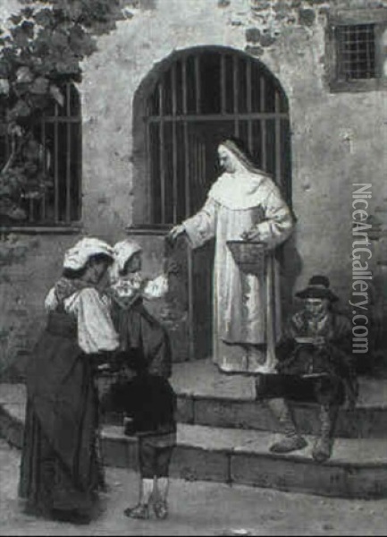 Feeding The Poor By A Convent Oil Painting - Jose Juliana Albert