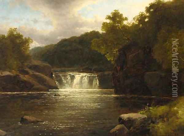A waterfall in a wooded river valley, Devon Oil Painting - John Brandon Smith
