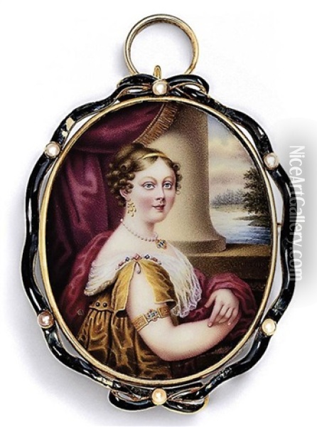 Lady Lucy Eleanor Lowther, Nee Sherard, In Gold Robe With Slashed Sleeve Pinned At Shoulder With Pearl And Gem-set Clasp Oil Painting - Nicolas Andre Courtois