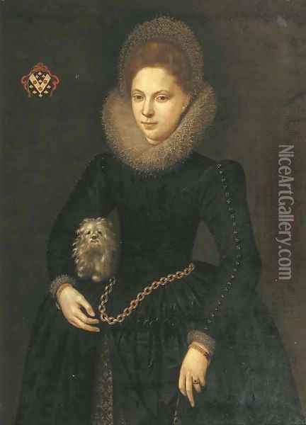 Portrait of a lady, three-quarter-length, in a black silk dress with a white lace collar Oil Painting - Dutch School