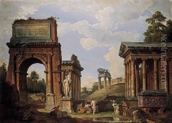 A Capriccio Of Roman Ruins And Monuments, Including The Arch Of Titus Oil Painting - Giovanni Paolo Panini