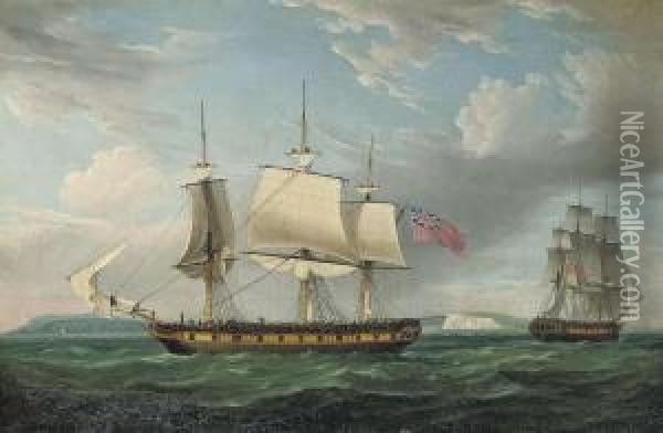 A Merchantman In Two Positions In The Channel Off The Downs Oil Painting - Thomas Whitcombe