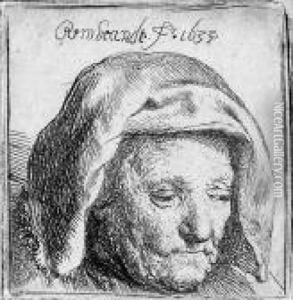 The Artist's Mother In A Cloth Headdress, Looking Down: Headonly Oil Painting - Rembrandt Van Rijn
