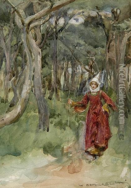 Fair Maid On A Woodland Path Oil Painting - William Hatherell