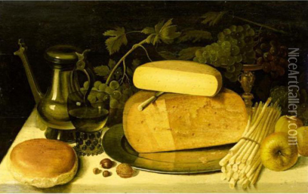 Still Life With Cheeses On A 
Pewter Plate Together With Asparagus, Nuts, Apples, Grapes, A Bun, A 
Roemer And A Tankard Oil Painting - Floris Claesz Van Dijck