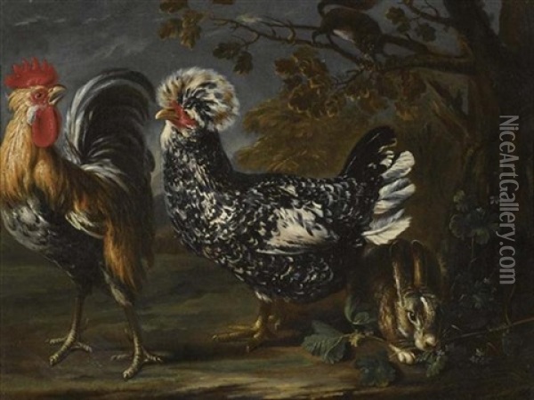 Hahn, Henne, Hase Und Eichhornchen Oil Painting - David de Coninck