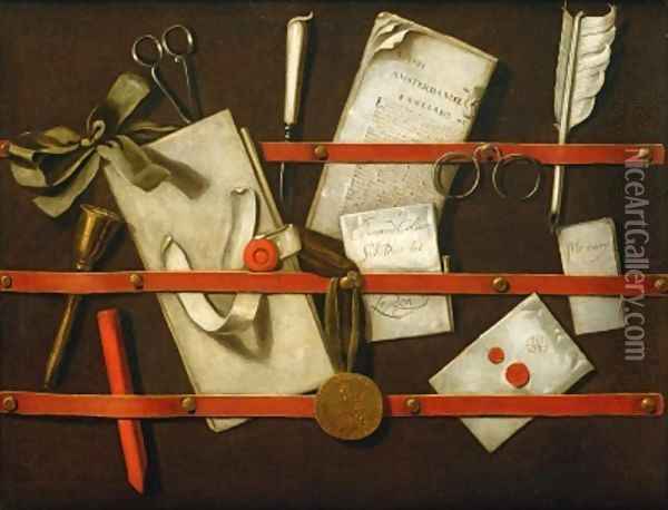 A Trompe lOeil Letter Rack Oil Painting - Evert Collier