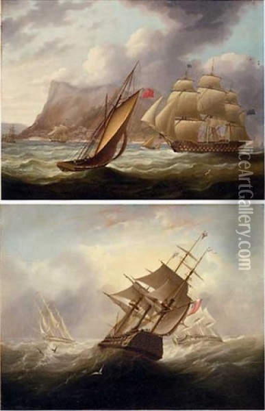 A Seventy-four Gun Third Rate Weaving Her Way Through Smaller Craft As She Enters Gibraltar (+ Two Frigates Caught In Heavy Seas, The Larger On A Collision Course With An On-coming Two-decker; Pair) Oil Painting - Thomas Buttersworth