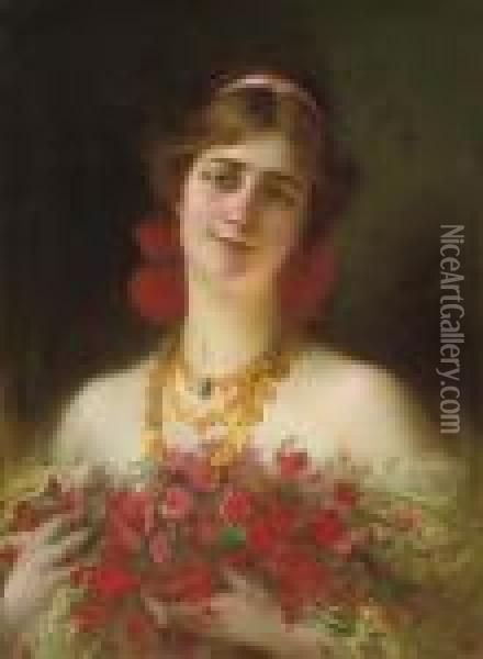Portrait Of A Young Maiden With Red Wild Flowers Oil Painting - Serkis Diranian