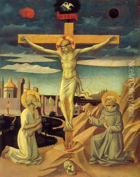 Christ on the Cross, Adored by Saint Jerome and Saint Francis Oil Painting - Francesco Pesellino