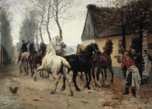 Et Kobbel Heste Udenfor Lindenborg Kro Oil Painting - Otto Bache