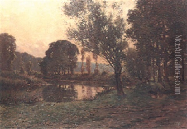 A Wooded River Landscape, Sunset Oil Painting - Ferdinand Jules Albert Gosselin