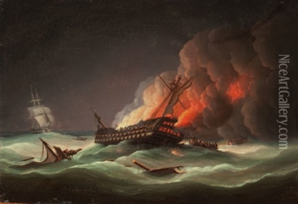 Brennendes Schiff Auf Sturmischer See Oil Painting - Thomas Buttersworth
