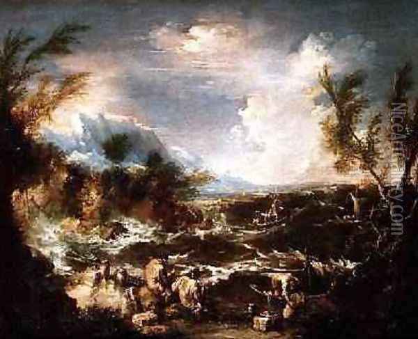 Rocky Coast in a storm with hermit monks receiving stores Oil Painting - Alessandro Magnasco
