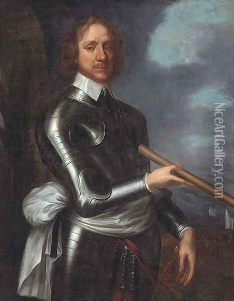 Portrait of Oliver Cromwell (1599-1658), three-quarter-length, in armour, holding a baton, a naval landing beyond Oil Painting - Robert Walker