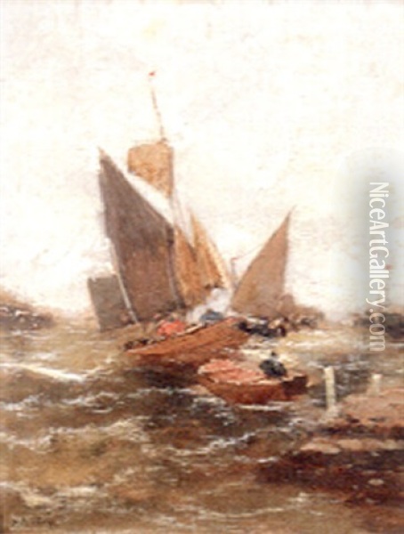 Fishing Boats At Sea Oil Painting - Louis-Gabriel-Eugene Isabey