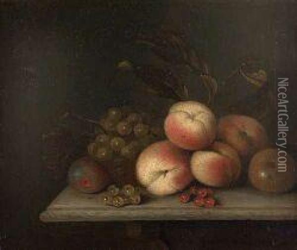 A Still Life Of Grapes, Peaches And Currants On A Marbleledge Oil Painting - William Sartorius