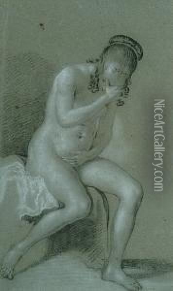 Study Of A Female Nude, Seated, Shielding Her Face Oil Painting - Jacob Adriaensz Backer
