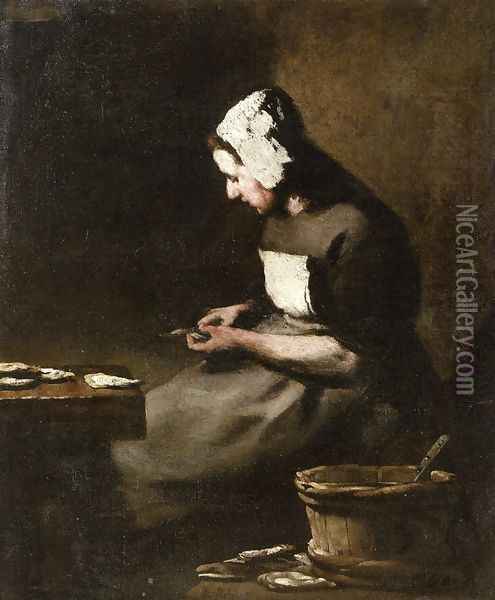 Shucking Oysters Oil Painting - Theodule Augustine Ribot