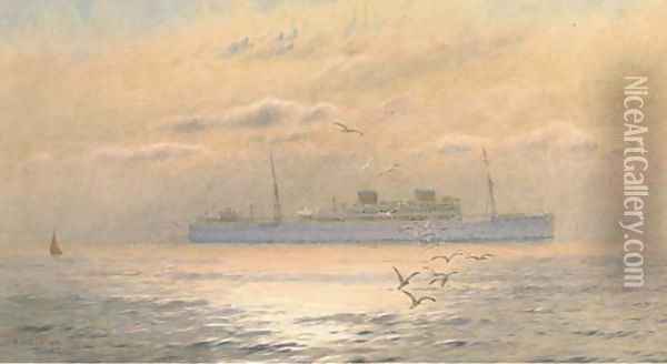 A Union Castle liner in coastal waters at dusk Oil Painting - Alma Claude Burlton Cull