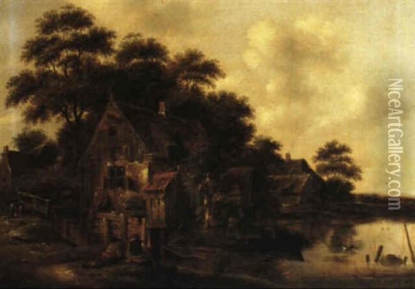 Figures Fishing By A Pond With A Cottage Beyond Oil Painting - Nicolaes Molenaer