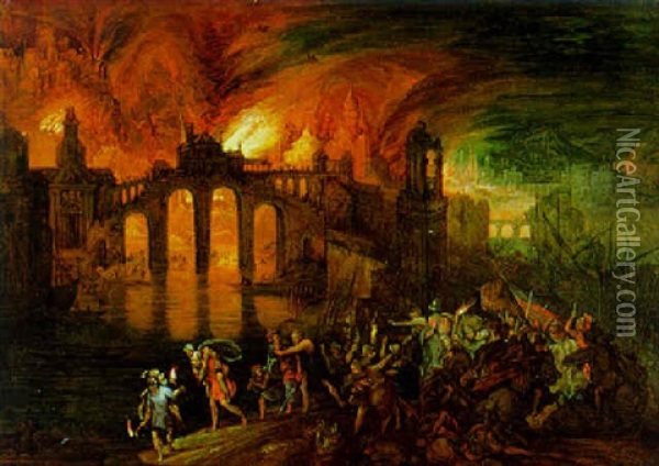 Aeneas Tragt Seinen Vater Aus Dem Brennenden Troja Oil Painting - Pieter Schoubroeck