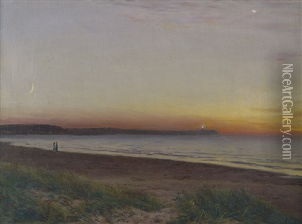 Spazierganger Am Strand Von Hornbaek Im Sonnenuntergang Oil Painting - Godfred Christensen