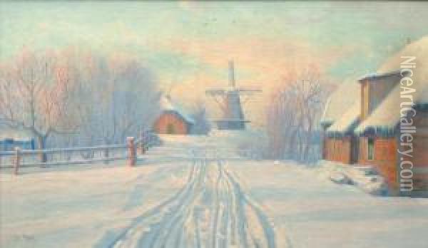 Altes Land Im Rotlichen Winterlicht Oil Painting - Christopher Rave
