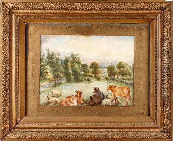 Cattle And Sheep In An Extensive Landscape Oil Painting - Edwin Frederick Holt