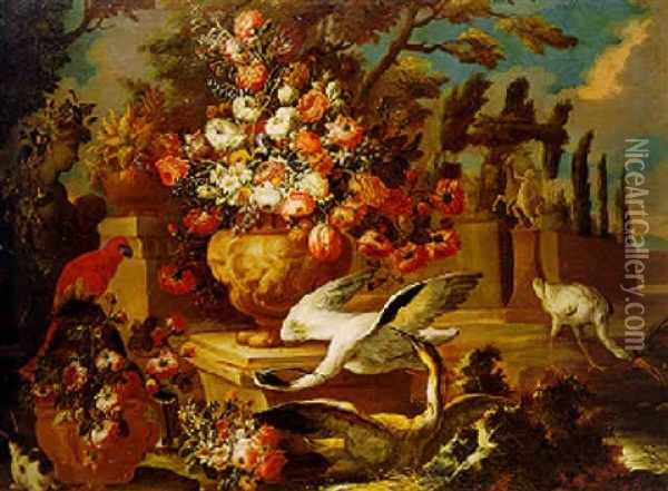 Still Life Of Flowers With Herons, A Parrot And A Rabbit Oil Painting - Nicola Casissa
