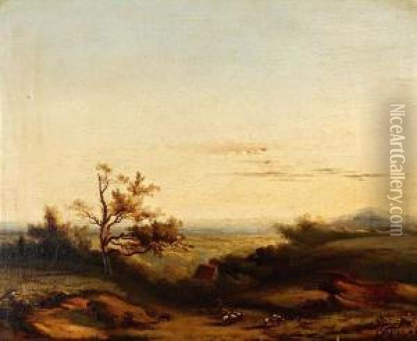 Weids Heuvellandschap Met Schaapsherder En Kudde Op De Voorgrond Oil Painting - Ferdinand Hendrik Sijpkens