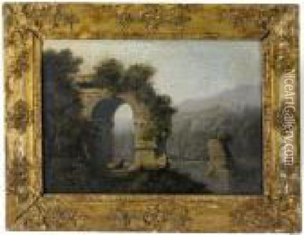 Paesaggio Lacustre Con Arco In Rovina Oil Painting - Paolo Anesi