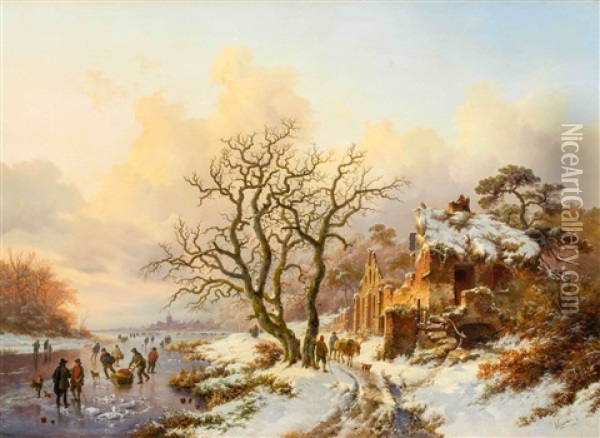 Winterlandschaft Mit Schlittschuhlaufern Vor Den Ruinen Der Kapelle Von Villiers-la-ville Oil Painting - Frederik Marinus Kruseman
